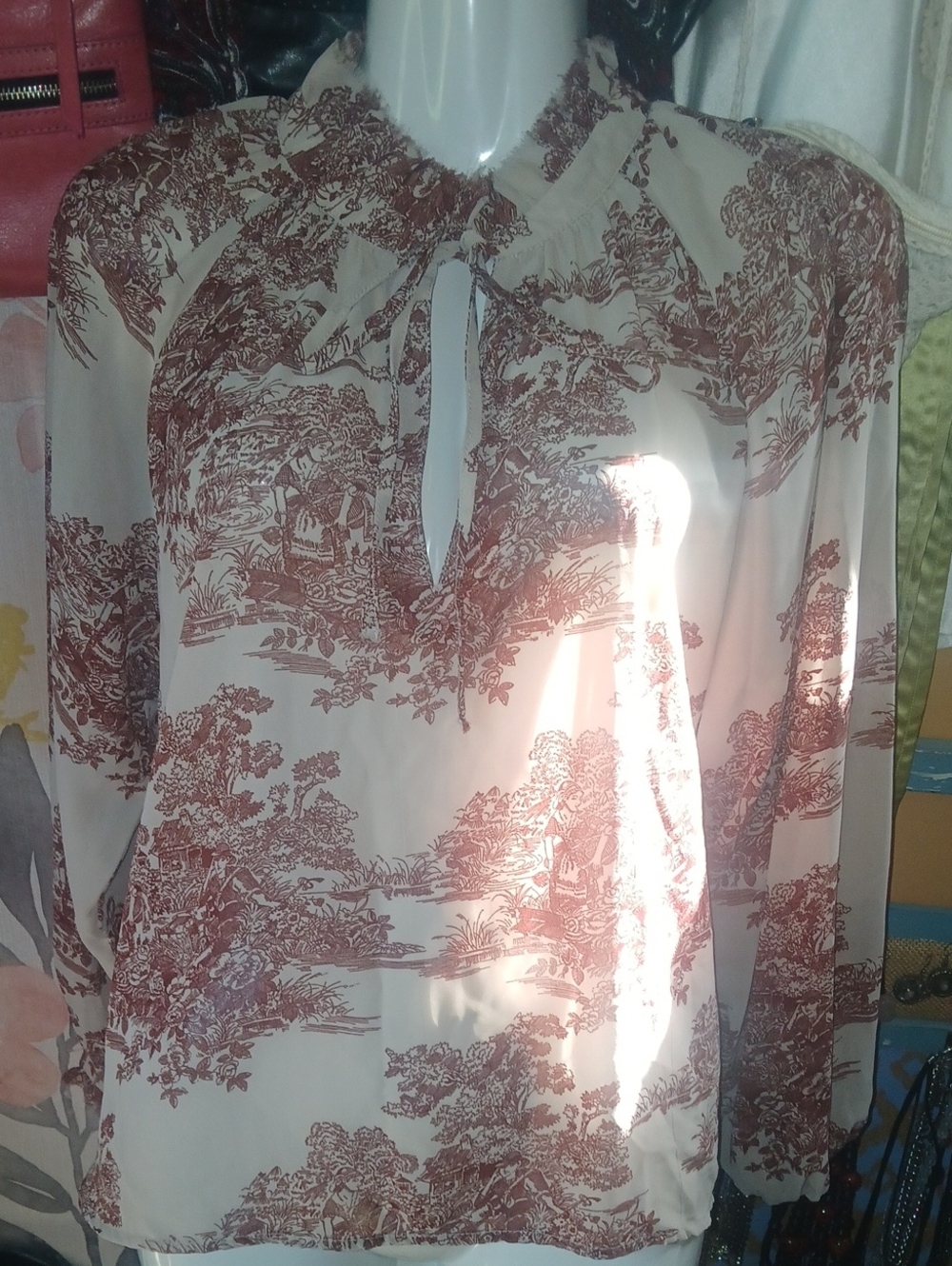 Elan Keyhole Tie-front Blouse with Brown Scenic Print Small
